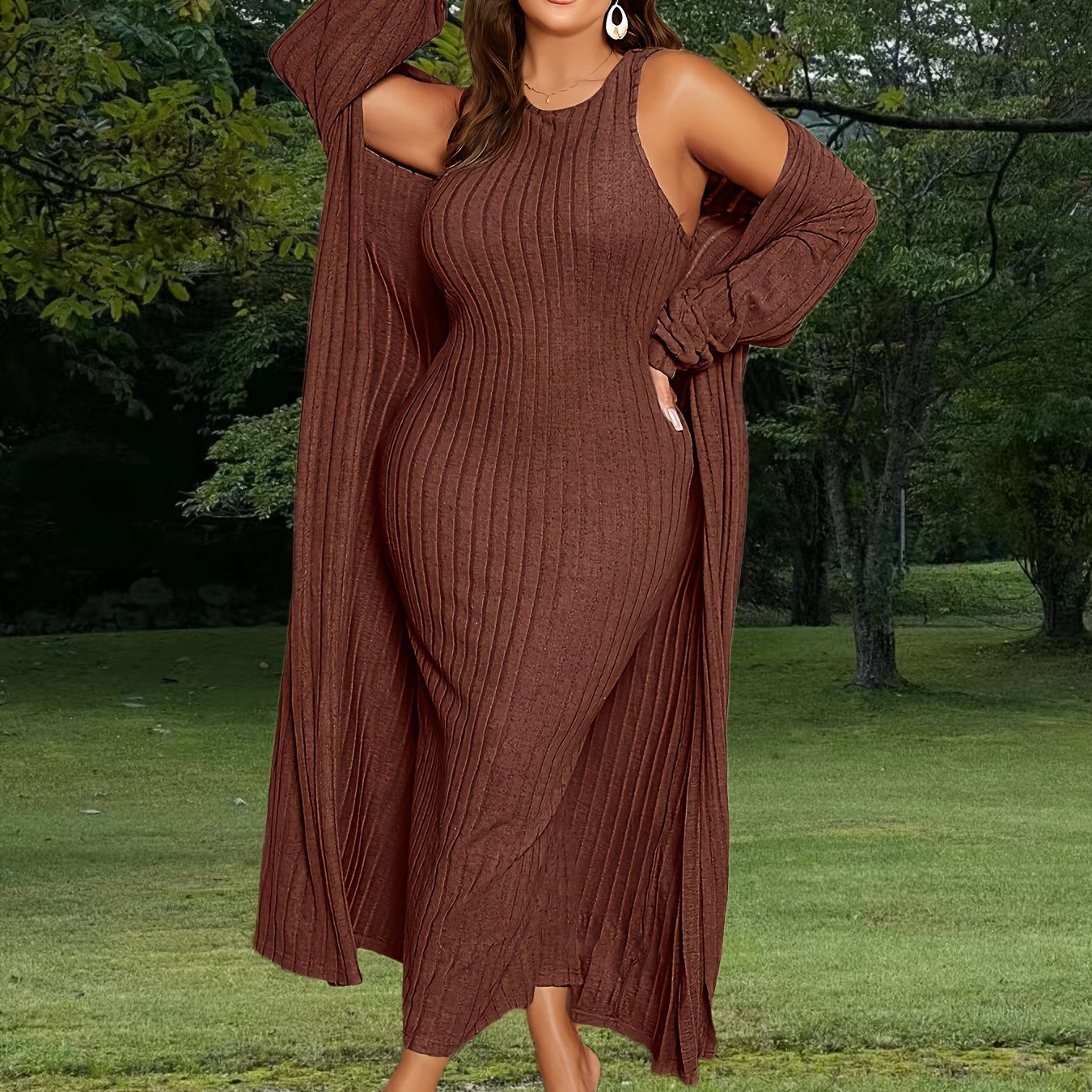 Plus Size Ribbed Cardigan  Dress Set for Women