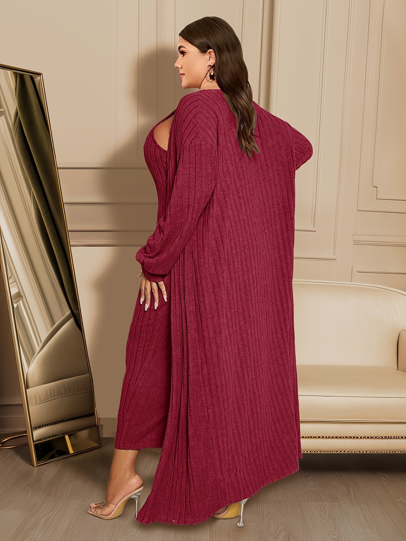 Plus Size Ribbed Cardigan  Dress Set for Women