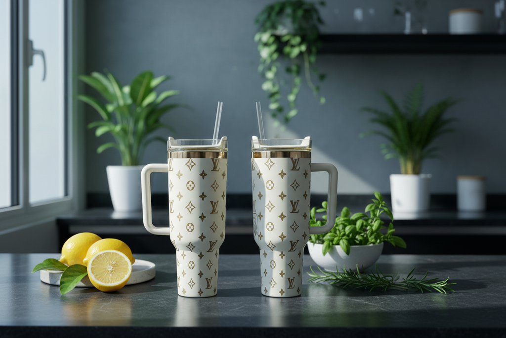 Creme & Gold Luxe LV Laser Engraved Tumbler