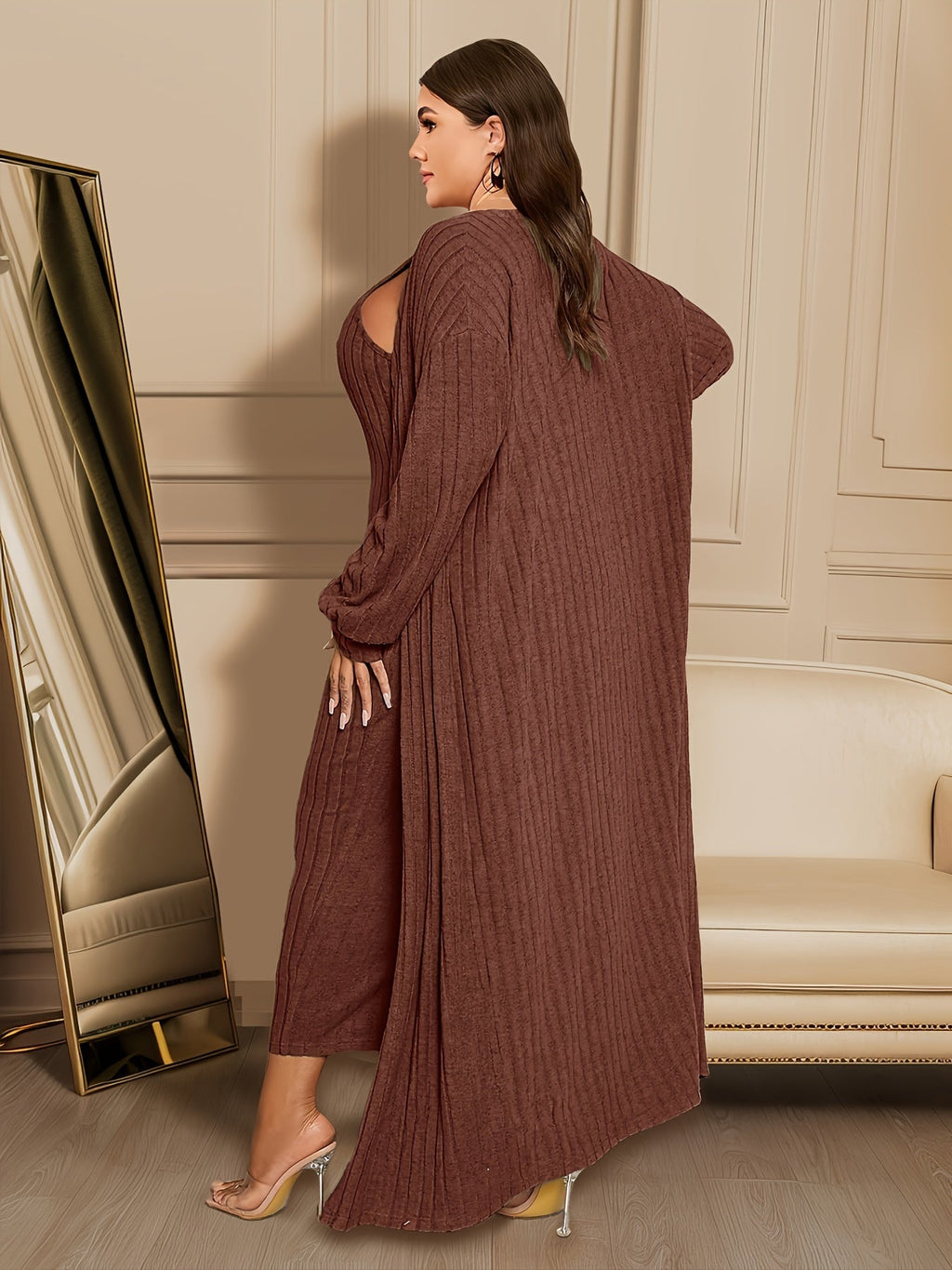 Plus Size Ribbed Cardigan  Dress Set for Women