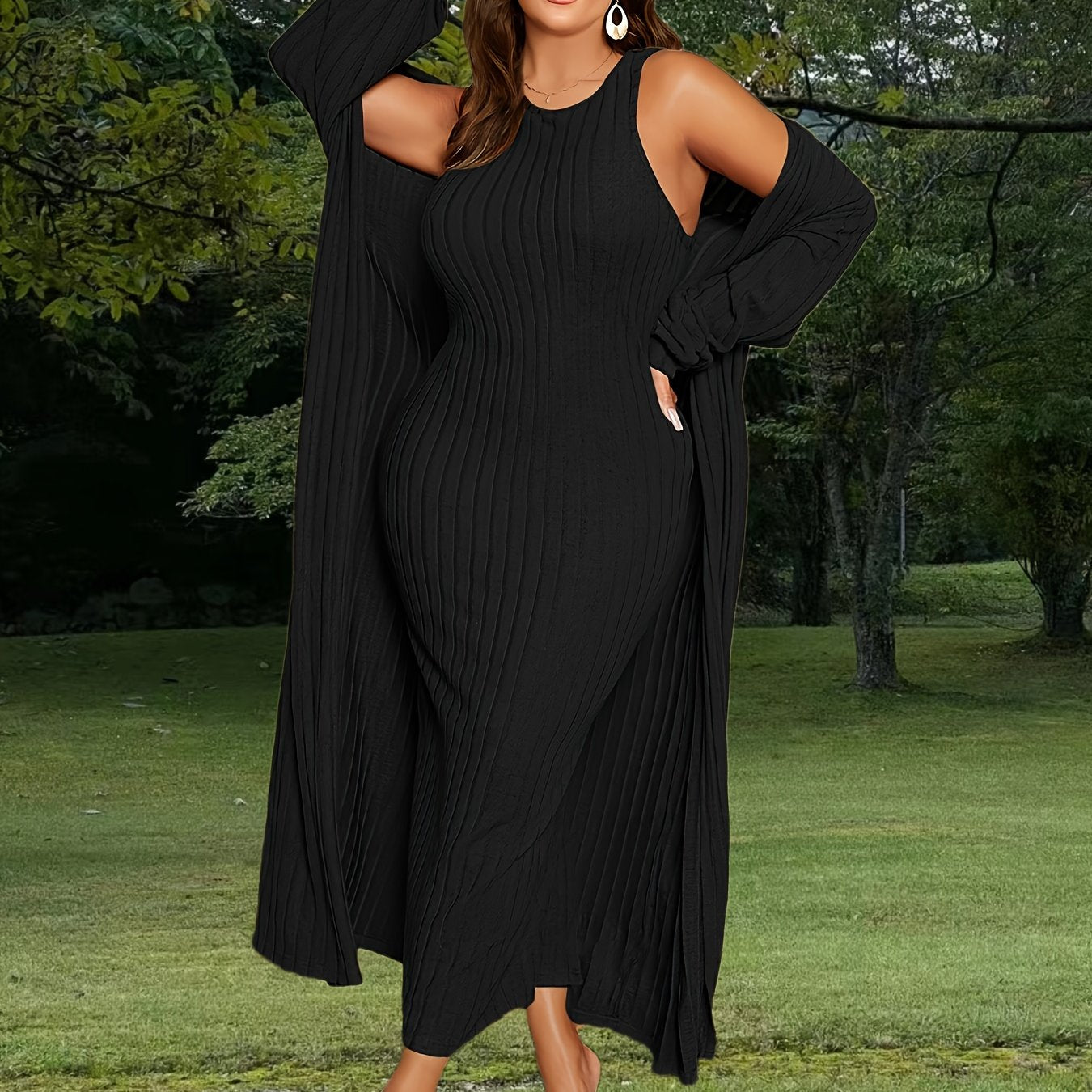Plus Size Ribbed Cardigan  Dress Set for Women