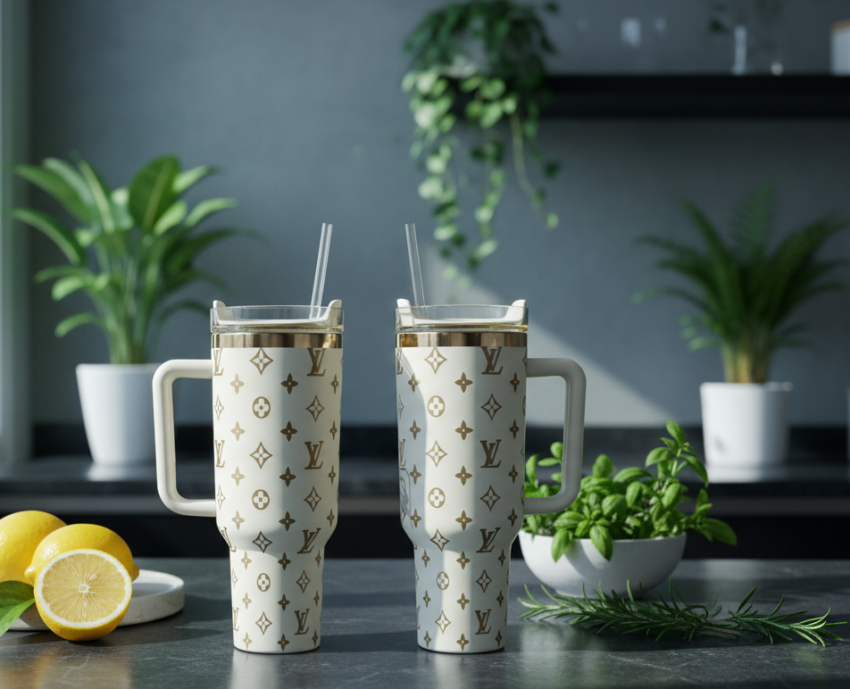 Creme & Gold Luxe LV Laser Engraved Tumbler