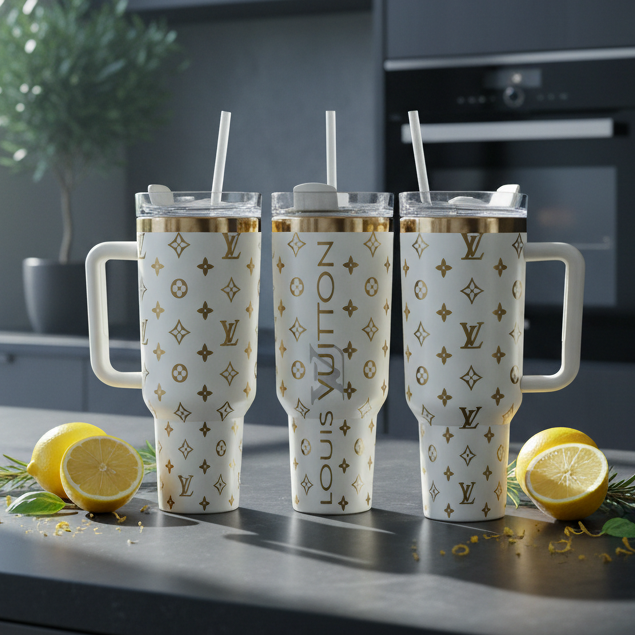 Creme & Gold Luxe LV Laser Engraved Tumbler