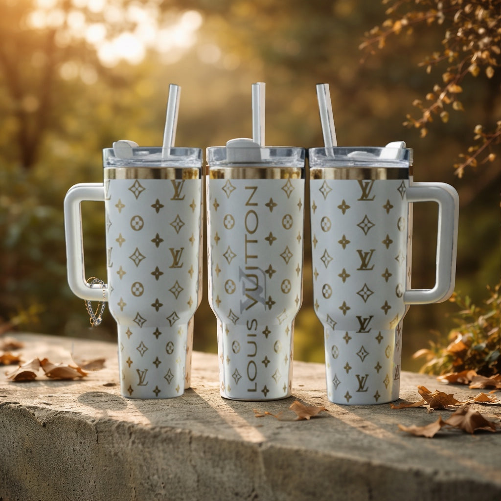 Creme & Gold Luxe LV Laser Engraved Tumbler