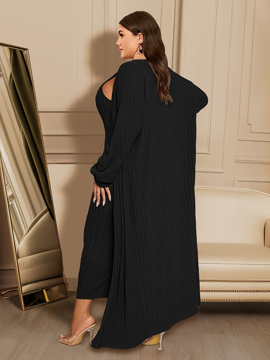 Plus Size Ribbed Cardigan  Dress Set for Women