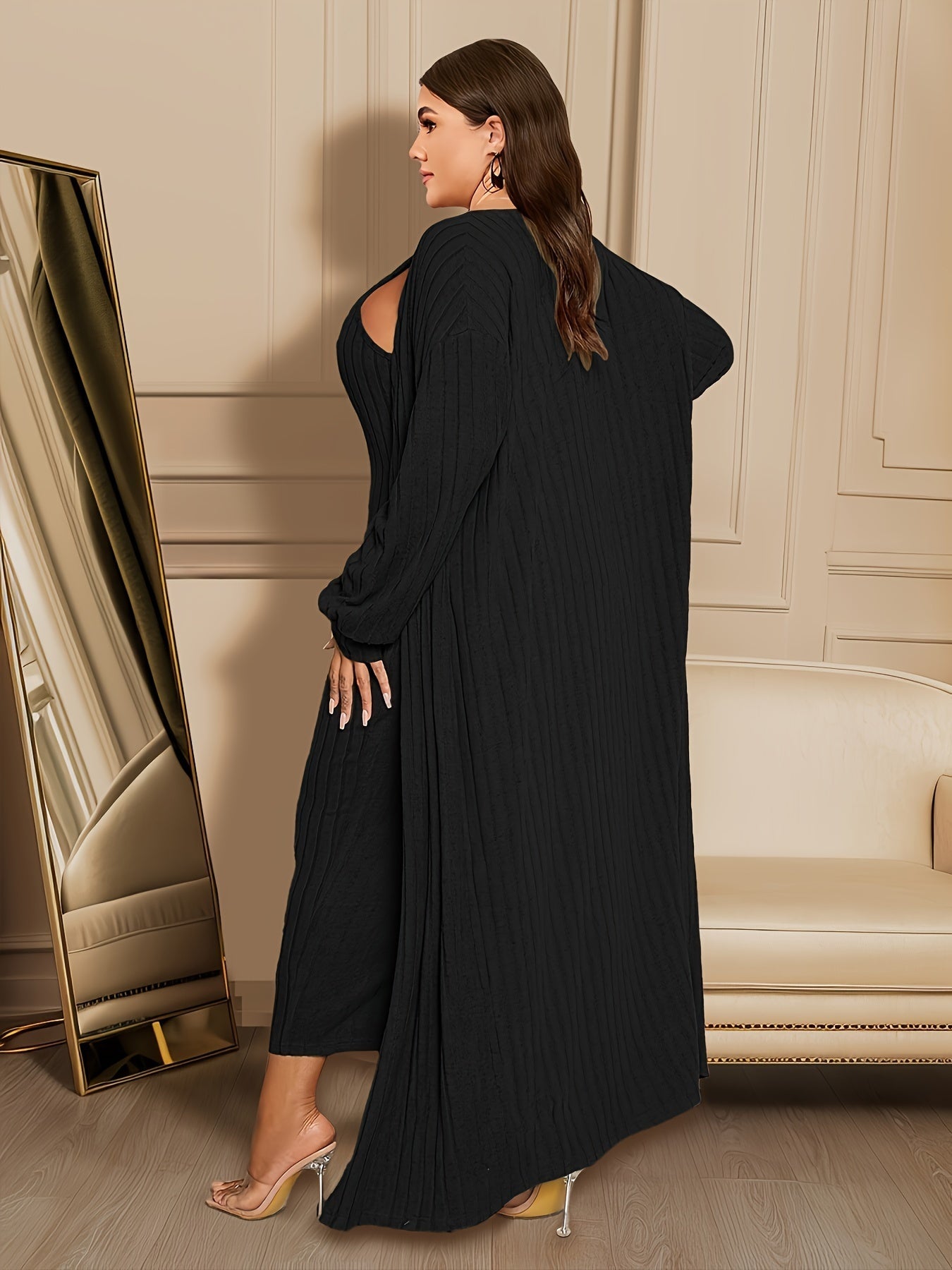 Plus Size Ribbed Cardigan  Dress Set for Women
