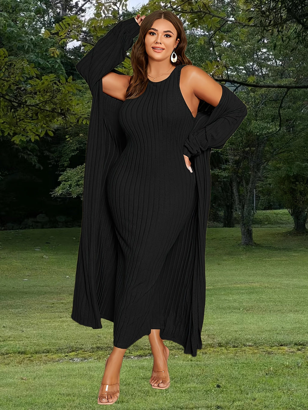Plus Size Ribbed Cardigan  Dress Set for Women